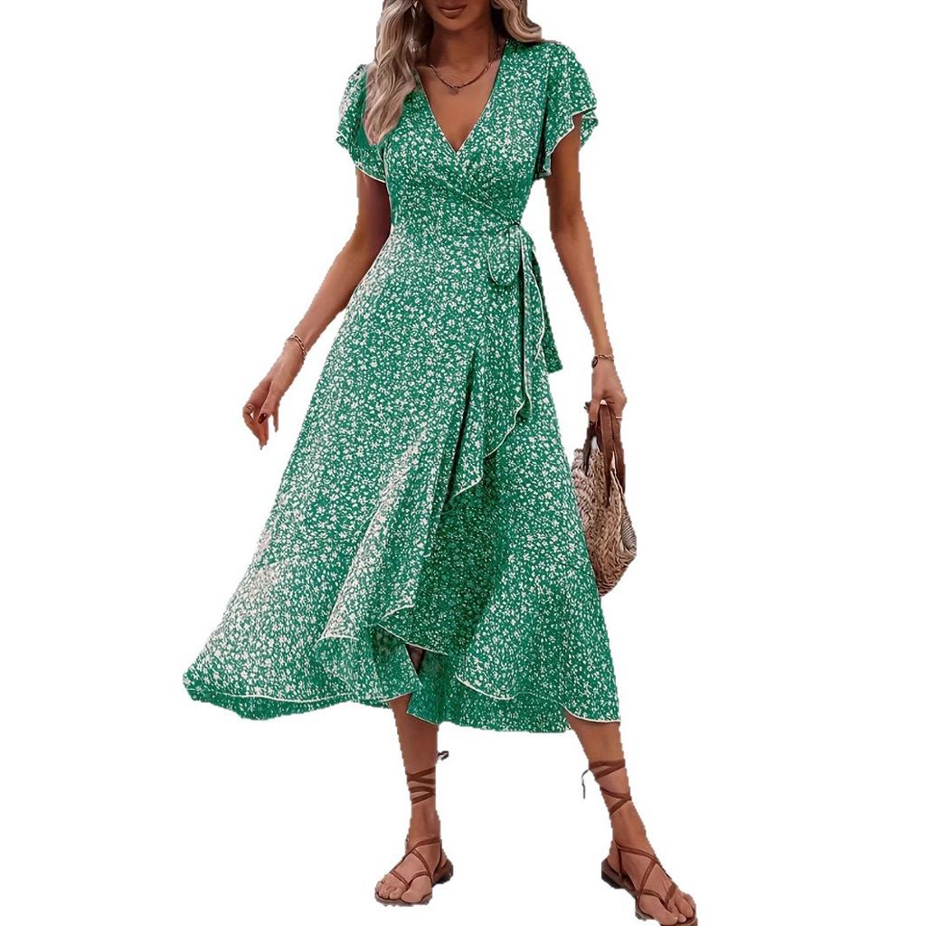 Fashion Women's Floral Print Wrap Midi Dress V-Neck Ruffle Sleeve High Split Summer Sundress