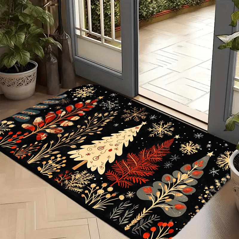 Folk Art Christmas Tree Rug, Scandinavian Snowflake Pattern Mat with Black Backdrop for Holiday Home Decor