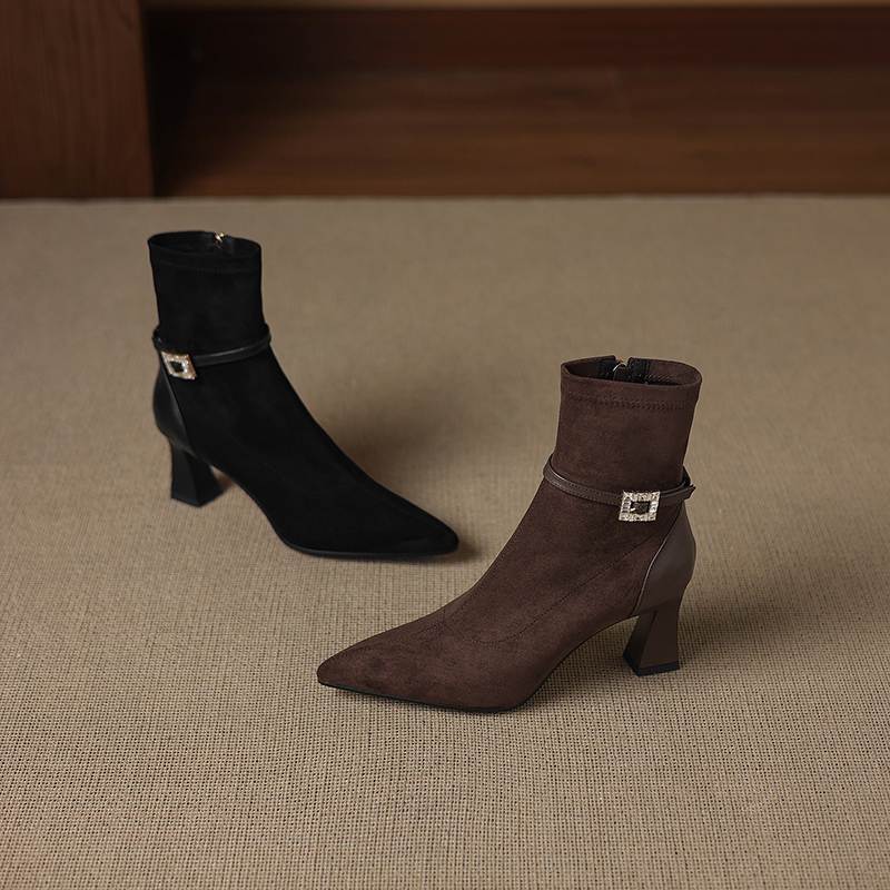 Krazing Pot Flock Pointed Toe Thin High Heels Modern Boots Size 42 Zip Plus Size Crystal Buckle Women Elastic Ankle Boots