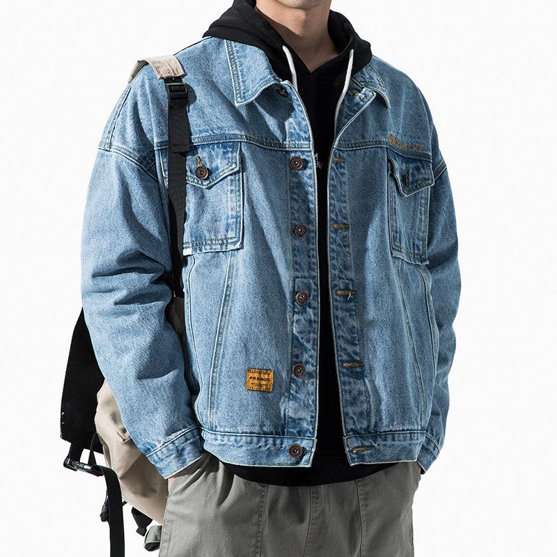 Jeansjacke Herren Distressed Umlegekragen Mäntel Einreihig Gewaschene Oberbekleidung Lockere Passform Taschen High Street Frühling