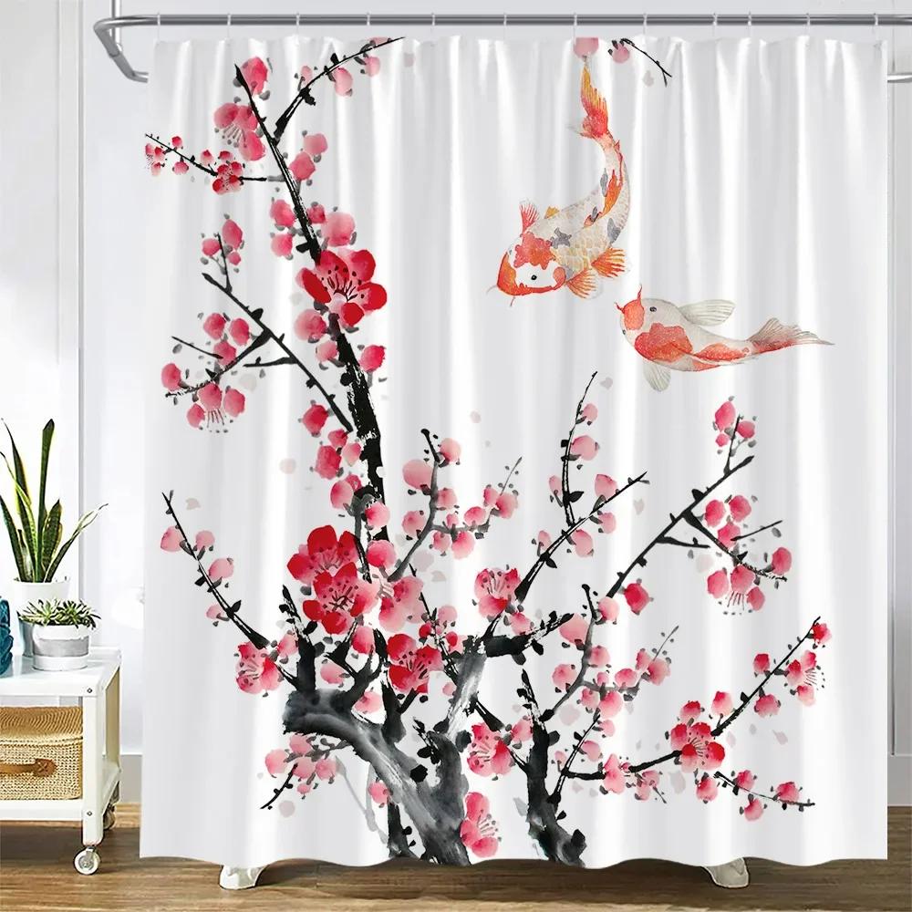 Flower Carp Shower Curtains Bird Red Floral Koi Fish Ink Plants Mountain Water Landscape Fabric Bathroom Decor Bath Curtain Sets
