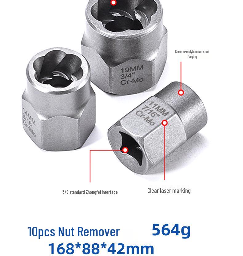 High Torque Wear-Resistant Reverse Thread Nut Extractor Set for Rusted or Damaged Nuts