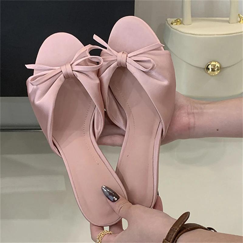 Mode Eilyken Mode Schmetterling-Knoten Plissiert Dünne Niedrige Absätze Damen Hausschuhe Sommer Elegant Peeptoe Party Kleiderschuhe