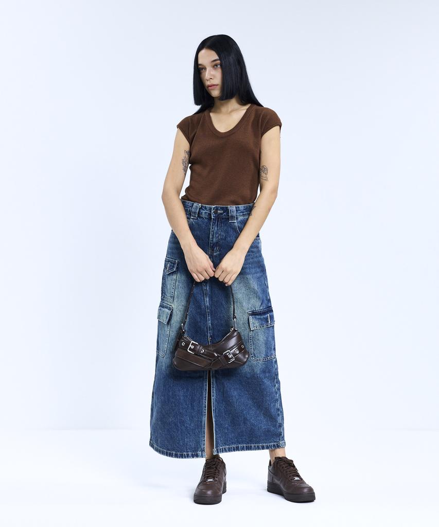 Viva Brown 85-Vivaj073 Cat Sand Washed Slit Pocket Long Denim Skirt Indigo