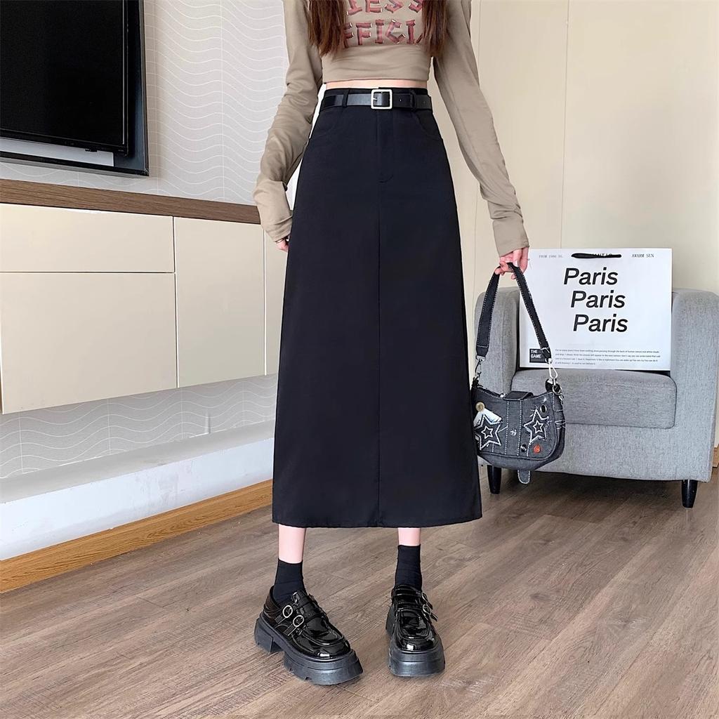 Plus Size Preppy Grey Pencil Skirt for Women Hip Covering Slimming High Waisted A Line Casual All Match Versatile Midi Straight Skirt