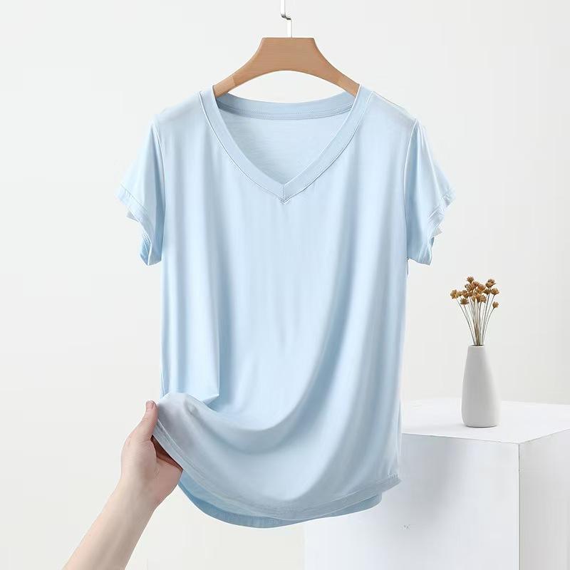 Ladies' Loose Fit Modal T-Shirt Summer V Neck Short Sleeve Solid Color Tee Top for Womens
