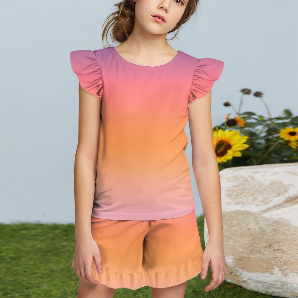 Summer Girls Cute Suit Flying Sleeves T-shirt Top + Ruffled Shorts Daily Outdoor Wear Cute Casual Fashion 2-Piece Set