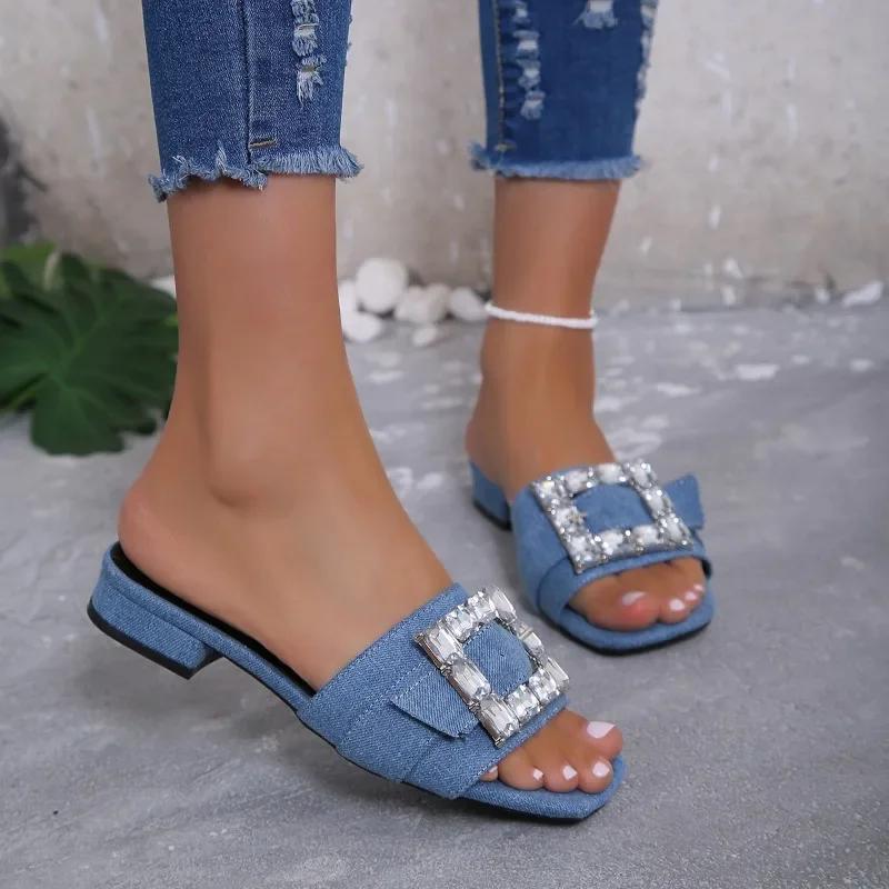 Fashion Fashionable Oversized Slippers for Women in Summer 2024, New Low Heel Square Buckle Rhinestone Minimalist Slippers for Women