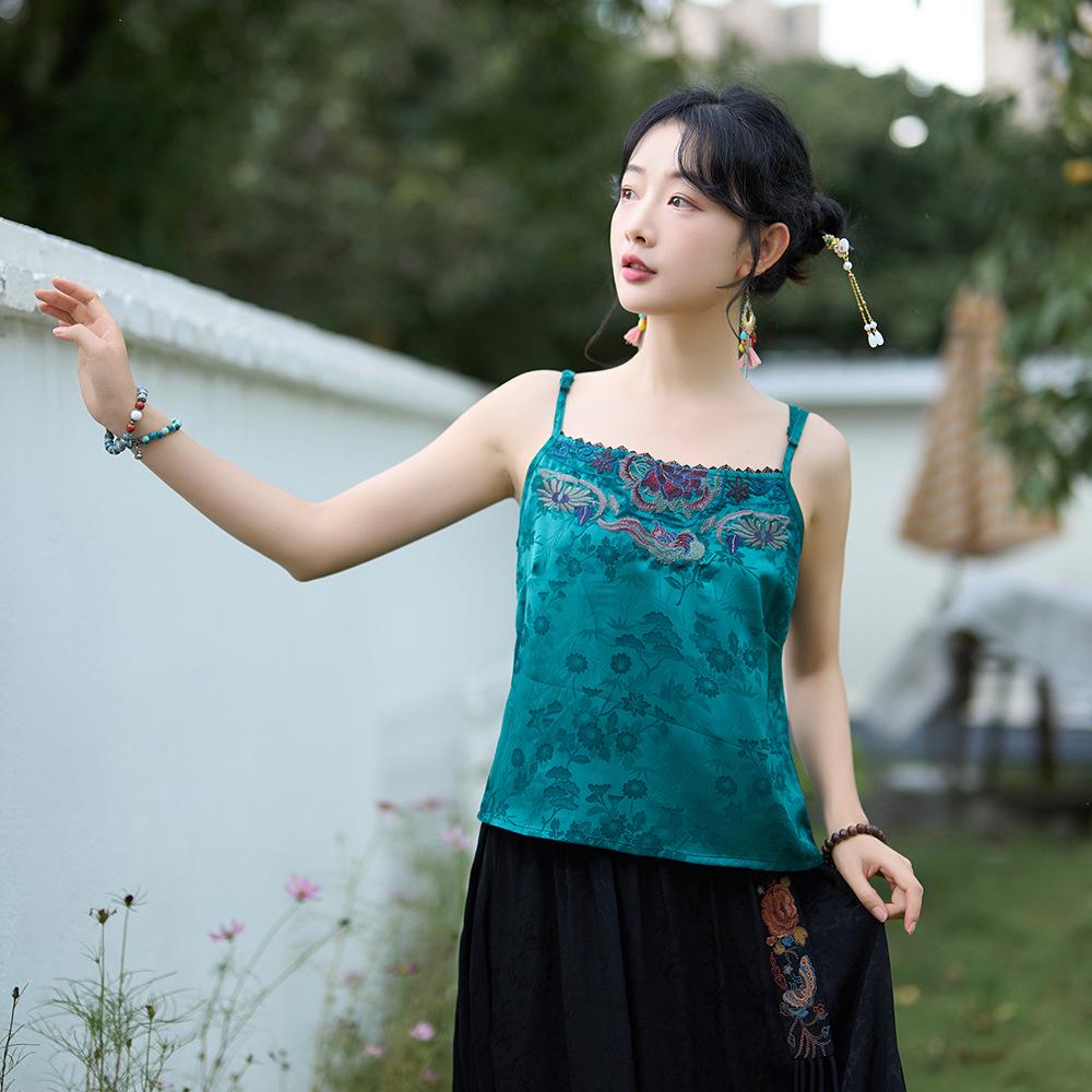 

Женский этнический вышитый топ без рукавов из тенселя и атласа L зелёный