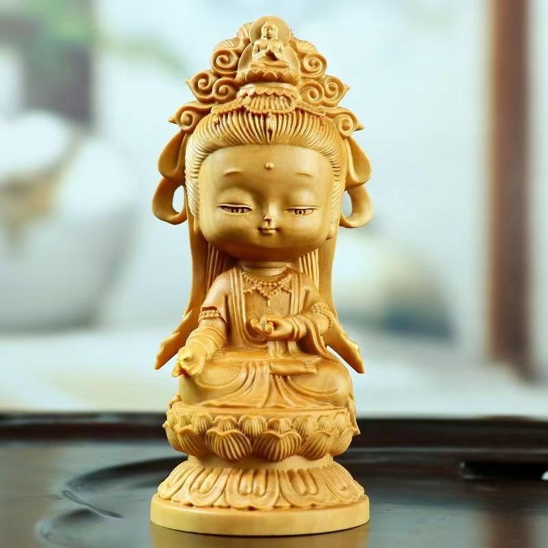 Woodcarving Cartoon Guanyin Statue  Hand Carving Solid Wood Buddhist Feng Shui Guanyin Home Room Office Decoration  Statue