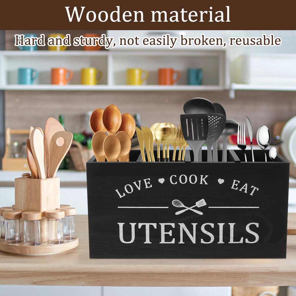 Wood Kitchen Utensil Holder Spoon Fork Tableware Storage Rack Container Kitchen Cooking Utensil Organizer with 4 Compartment New