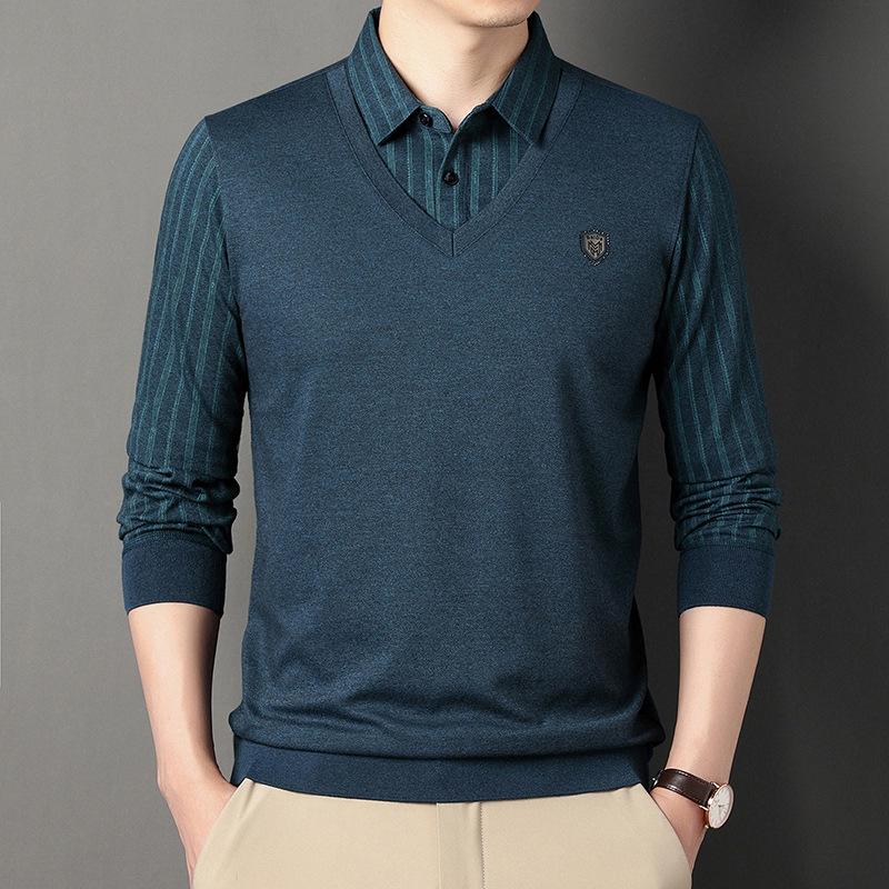

Весенние и осенние мужские футболки с длинными рукавами, повседневные полосатые рубашки-поло с лацканами для людей среднего возраста 4XL