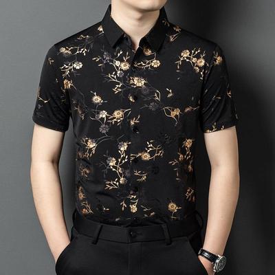 2026 Summer Gold-Plated Chinese Style Men's Casual Non-Iron Printed Short Sleeve Lapel Shirt