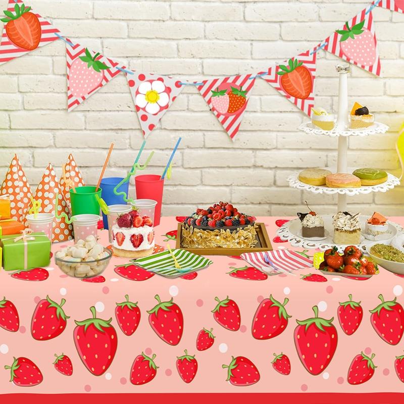 Strawberry Party Disposable Tablecloth Happy 1st Birthday Party Decoration Kids Girl Baby Shower Strawberry Wedding Supplies