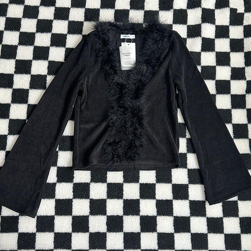 

A Small Amount of Fashion Y2g Sexy Cardigan V Neck Ostrich Feather Temperament Black S