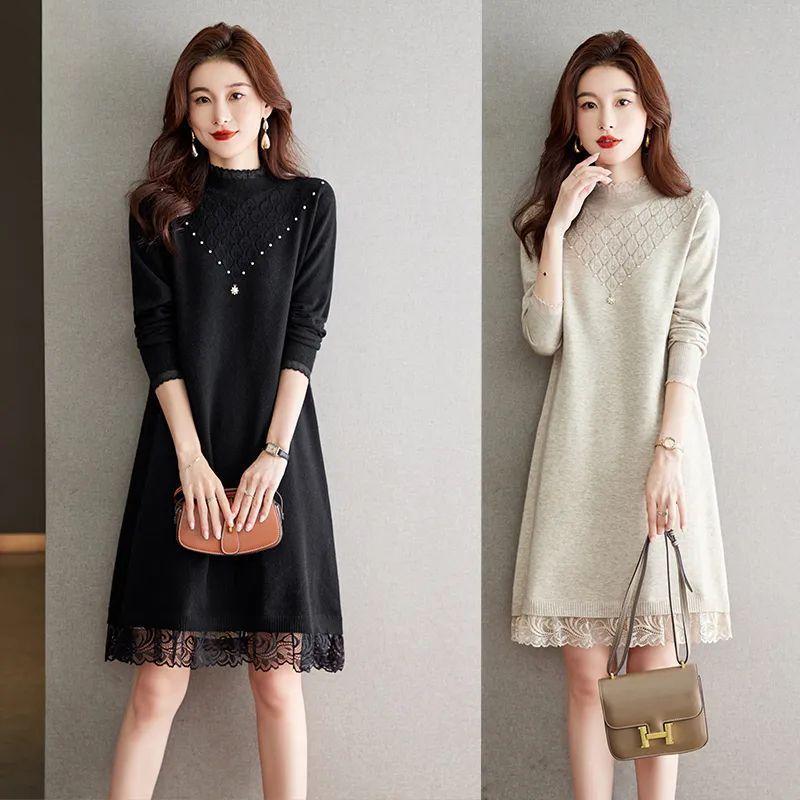 Lace Knitted Dress for Women In Autumn and Winter Large-sized Half Turtleneck Knitted Sweater Loose Mid-length Sweater Dress