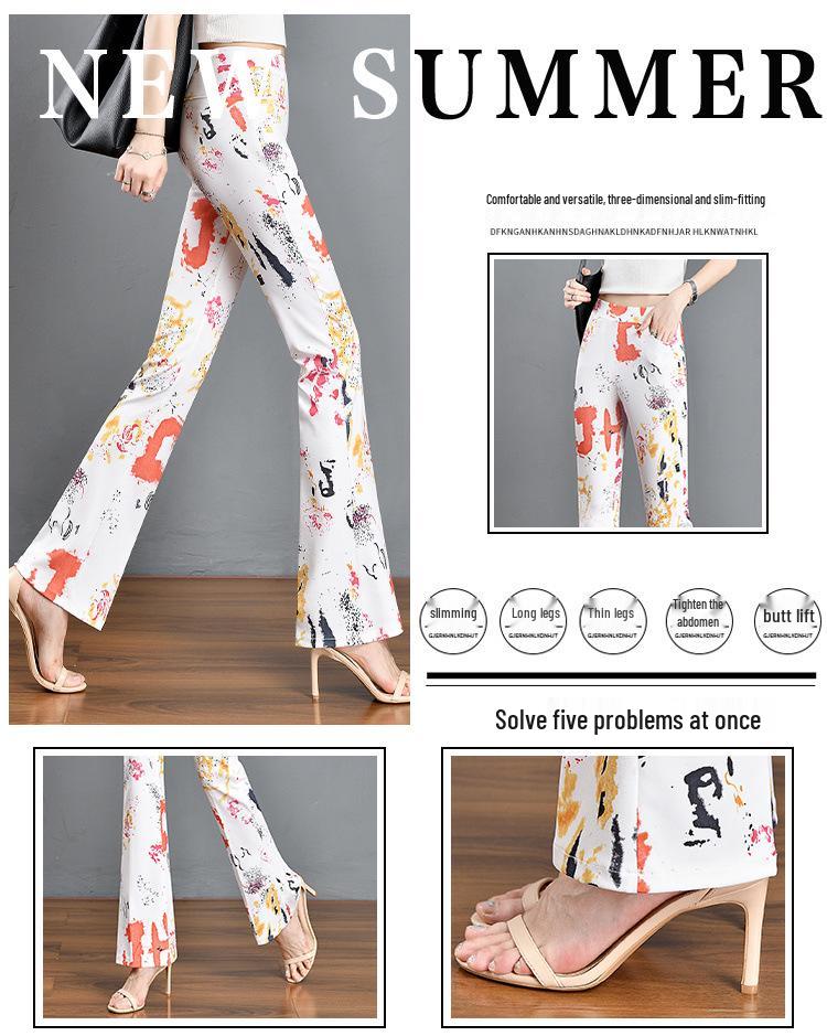 2024 Summer Women's Slimming Stretchy Micro-flare Long Pants with Printed Elastic Waist