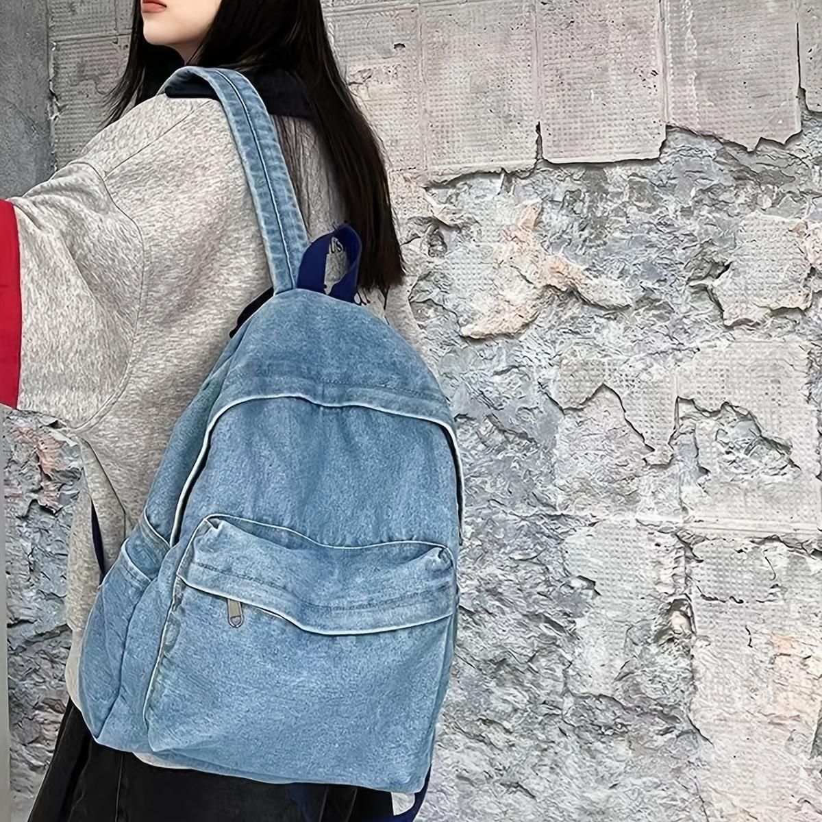 

Vintage Washed Denim Backpack Large Capacity Stylish & Versatile Design with Front Pockets Perfect for School Travel and Everyday Use светло-синий