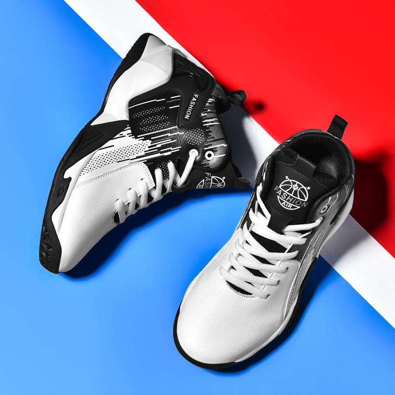 Youth outdoor leather surface medium top wear-resistant sports shoes large size four-season lace-up student basketball shoes