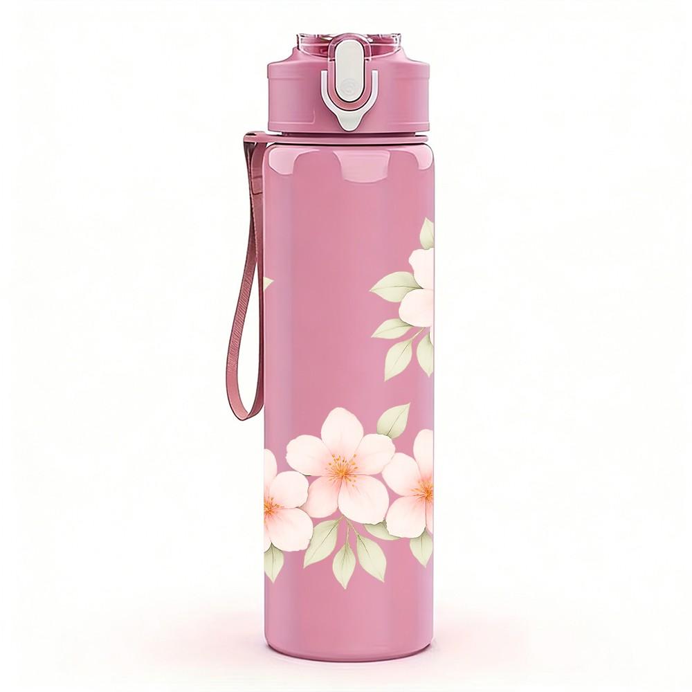 1PC Soft Pink Cherry Blossom Floral Print 750ml Color Plastic Sports Water Bottle Leakproof Flip Straw Lid Suitable for Sports Office Home Use