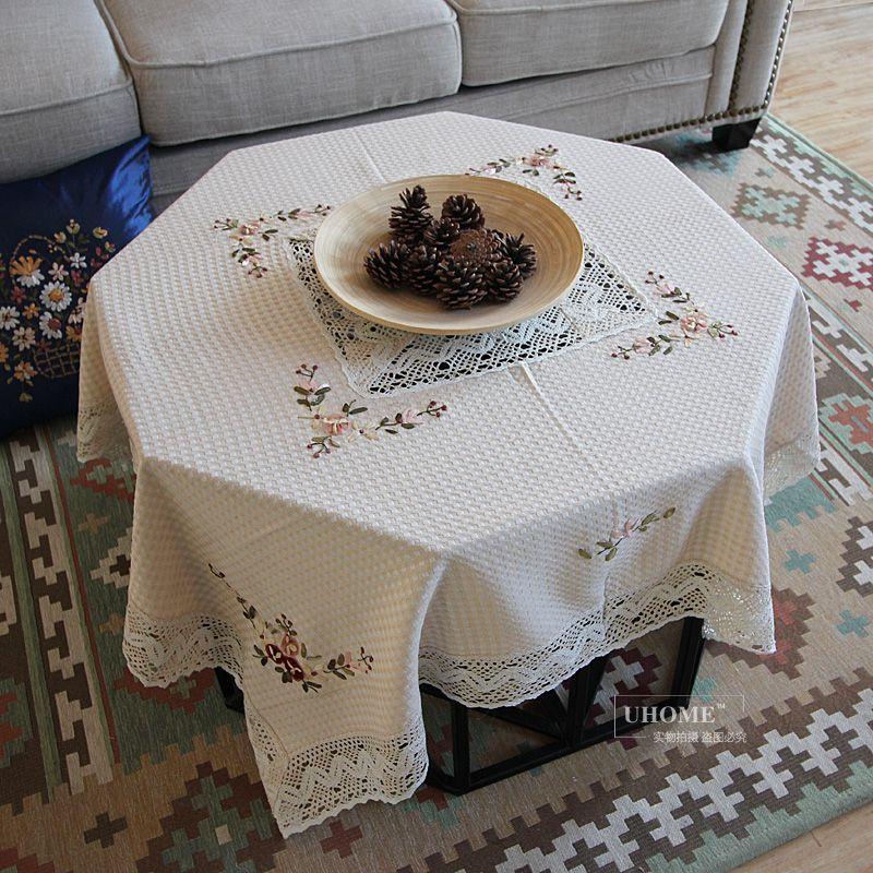 

Pure Cotton Pastoral Handmade Ribbon Embroidered Tablecloth Fabric Tablecloth Rectangular Coffee Table Cloth Tablecloth Square Cover Towel Beige 65*65cm
