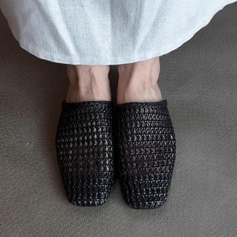 Geweven holle tas hoofd halve pantoffels dames 2025 zomer nieuwe draag platte zool casual veelzijdig luie muller coole pantoffels