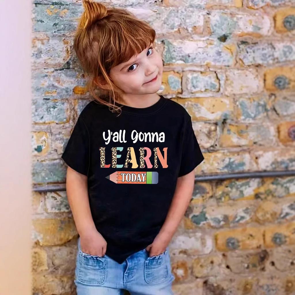 Girls' Leisure LEARN Textured Pattern T-shirt - Summer Children's Fashion Short-Sleeved T-shirt