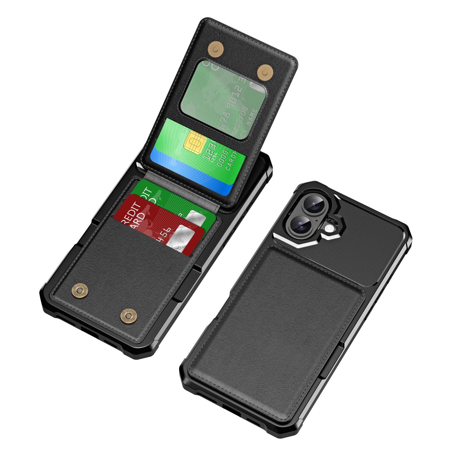 

ZM11 For iPhone 16 Case Card Slot Kickstand PU+TPU Phone Cover Black