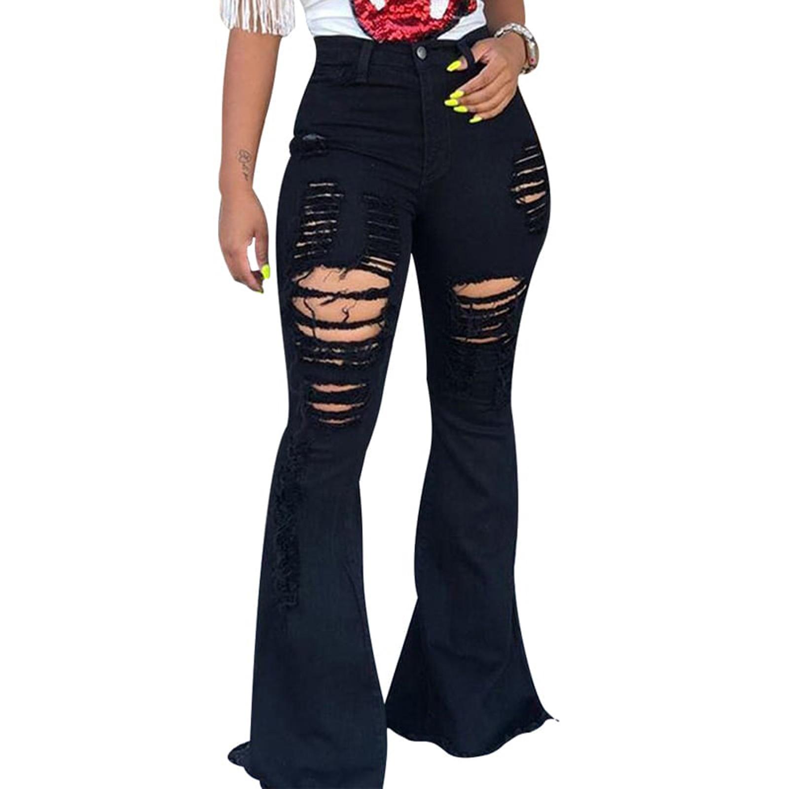 

Женские рваные широкие расклешенные джинсы с приподнятыми бедрами Брюки для мытья полов XL чёрный