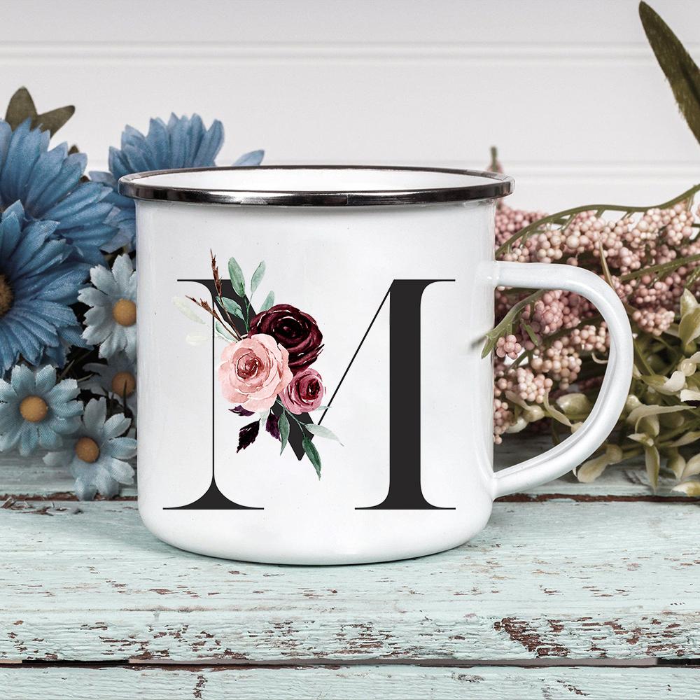 Alphabet Blumen A-Z Vintage Emaille Kaffee Tee Tassen Urlaub Camping Getränke Saft Bier Tassen Zuhause Büro Milch Tasse Geburtstagsgeschenke