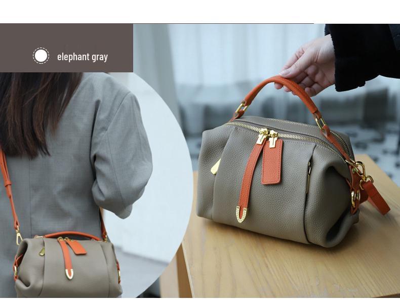 Korean Style Versatile Women's Handbag - Top Layer Cowhide, Color Blocking, Sequined Boston Shoulder Bag