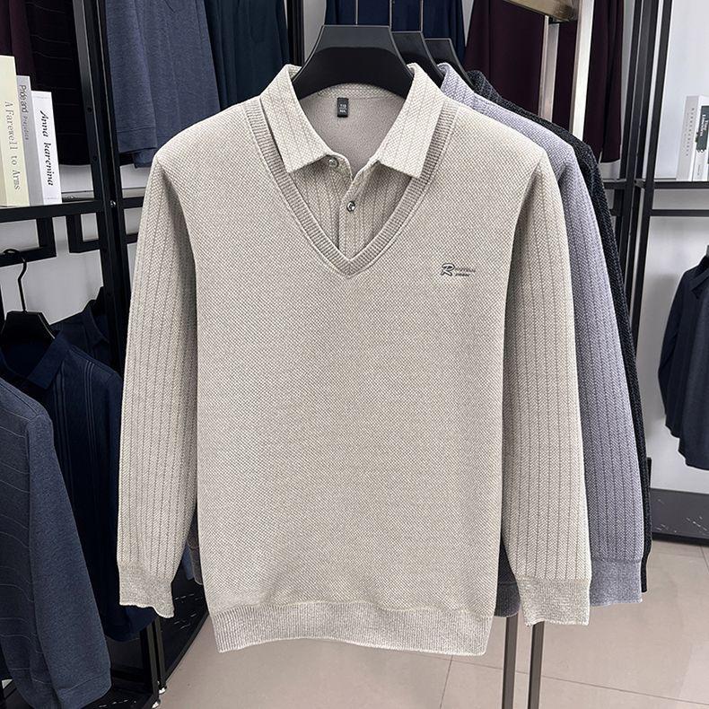 Mens Sweater Polo Collar Label Patchwork Stripes Plush Wool Liner Knitted Thickened Sweater Print Thermo Menswear