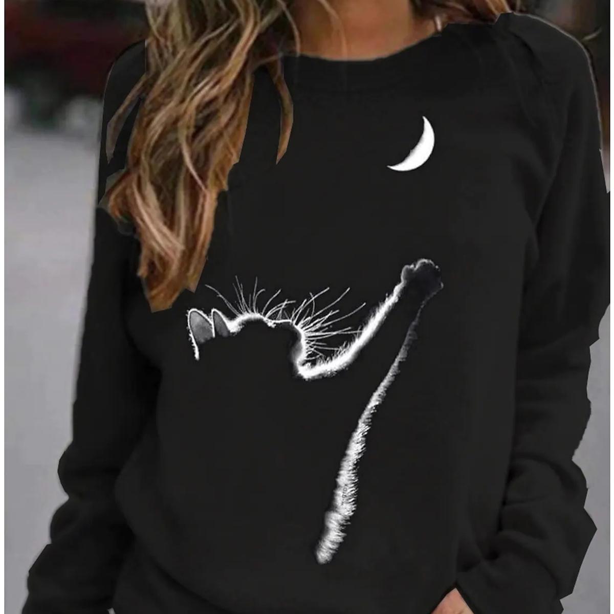 

Жен. Футболка с принтом милого кота Футболка с котенком из мультфильма Длинные рукава Повседневные Другие принты Базовая футболка Свитер Свободный цвет Фиолетовый Серый Оранжевый XXL