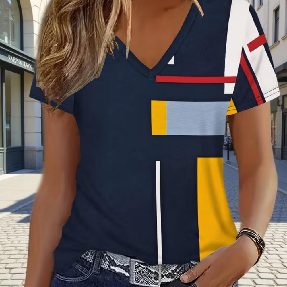 Elegant vacation abstract painting color blocks combined with geometric grid patterns. Full-body printed with breathable V-neck short-sleeved T-shirt.