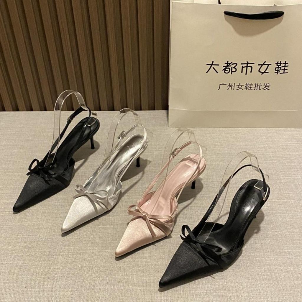 2025 new French elegant fairy gentle bow pointed sandals thin heel empty bag head buckle with high heels