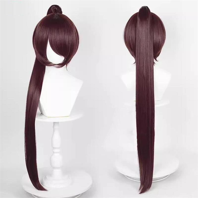 Peruca de cosplay de rabo de cavalo reto de 90 cm, peruca curta de anime, peruca universal multicolorida, resistente ao calor, cabelo sintético + touca