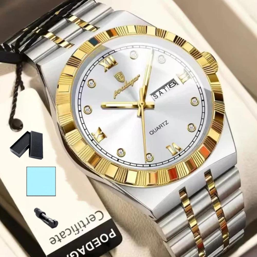 POEDAGAR Luxury Business Male Watch Waterproof Luminous Week Date Wristwatch Stainless Steel Trendy Quartz Watches for Men