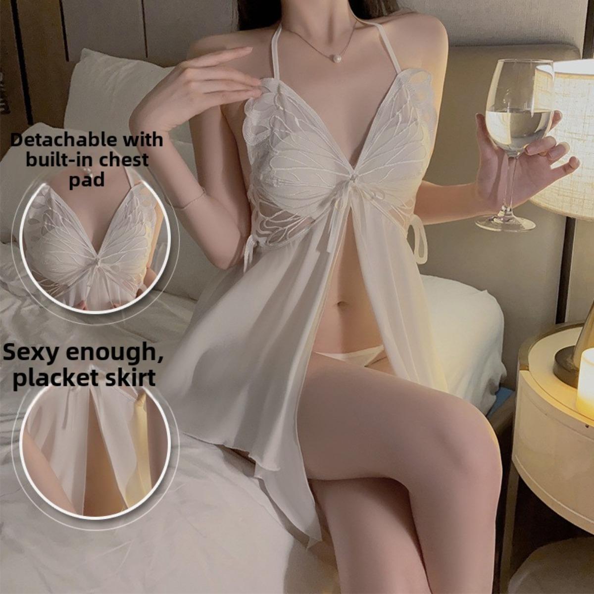 

Satin Open Lace Bow Plus Chest Pad Irregular Skirt Nightdress Women s Home Set One size