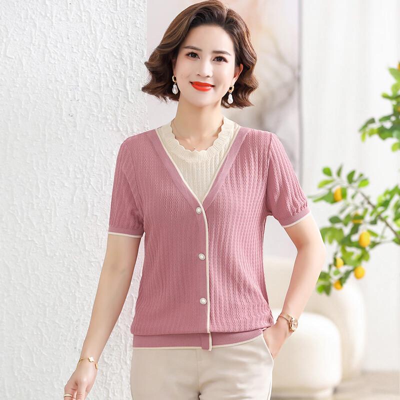 Elegant Ice Silk Short Sleeve Knit Top for Middle-Aged Women