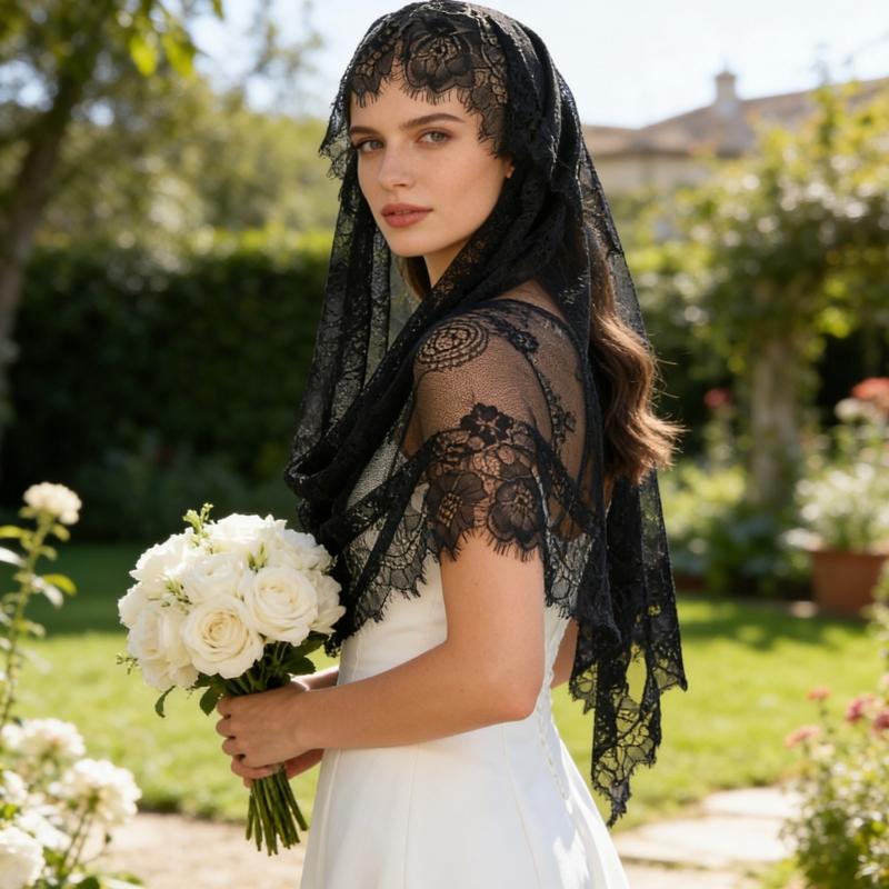Gothic Bridal Veils Lace Brimmed Wedding Headpiece With Floral Lace For Halloween Bride Ceremony Accessories