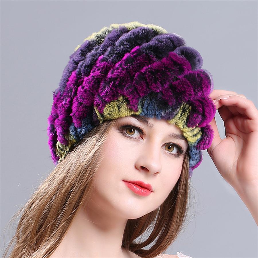New Knitted Rabbit Fur Spiral Hat for Elderly Women Winter Thick Warm Pineapple Hat