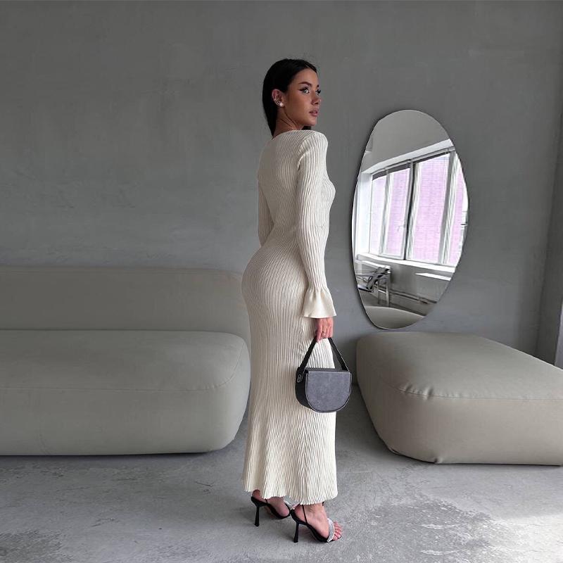 Women Elegant Solid Slim Long Sleeve Ribbed Knitted Dresses Autumn Winter Casual Basic V-neck Warm Sweater Dress