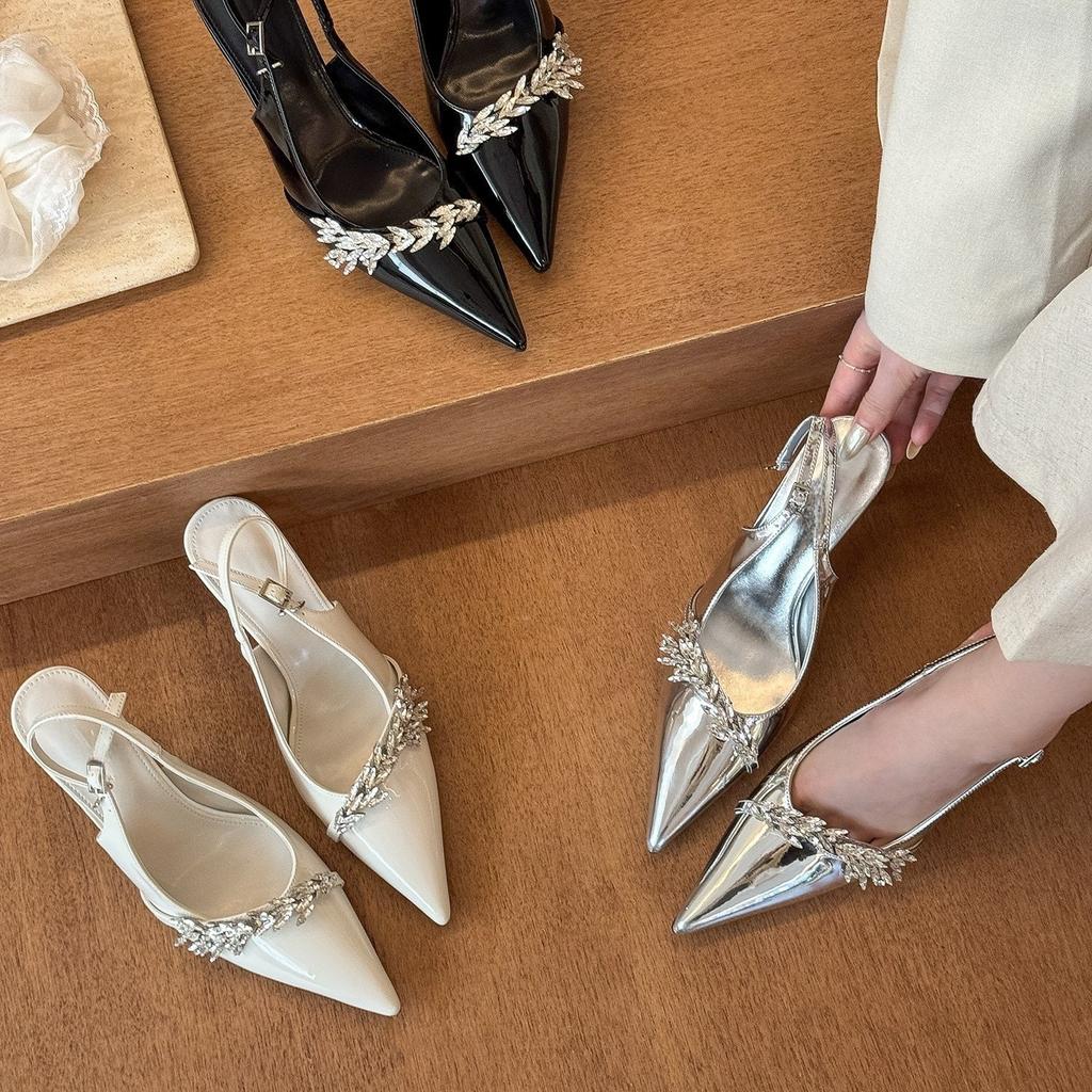 Beauty is crying! White pointed rhinestone high heels women's patent leather rear empty sandals