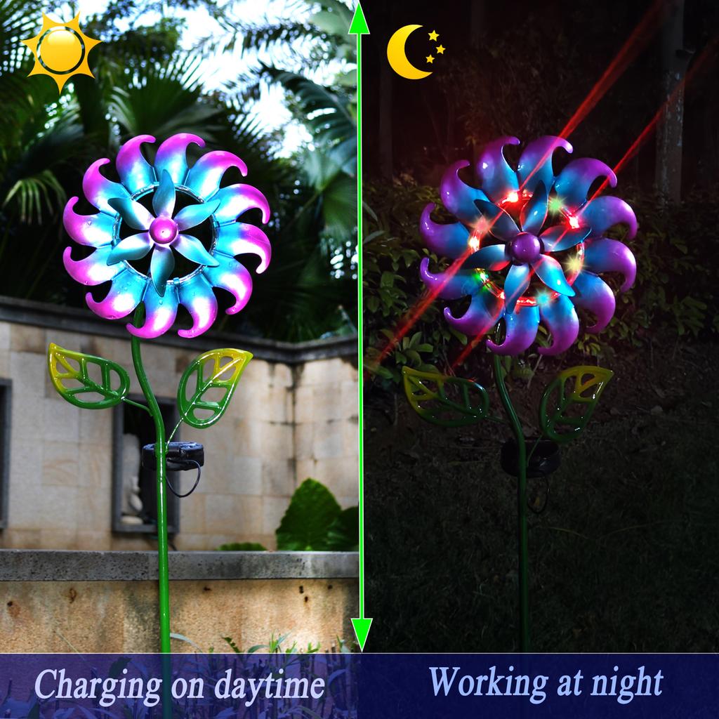 Iron Solar Windmill Garden Light 3D Wind Spinners Ground Plug Light Colorful Lighting Ornaments Home Decor for Patio Garden