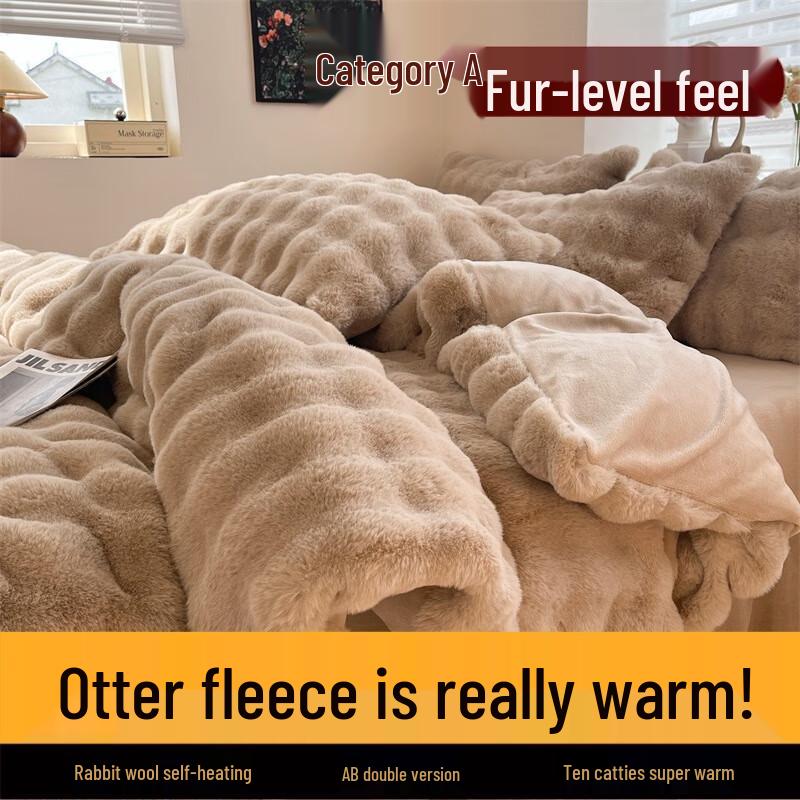 Xinjingzhou Winter Warm Kaninchenfleece 4-teiliges Bettwäscheset