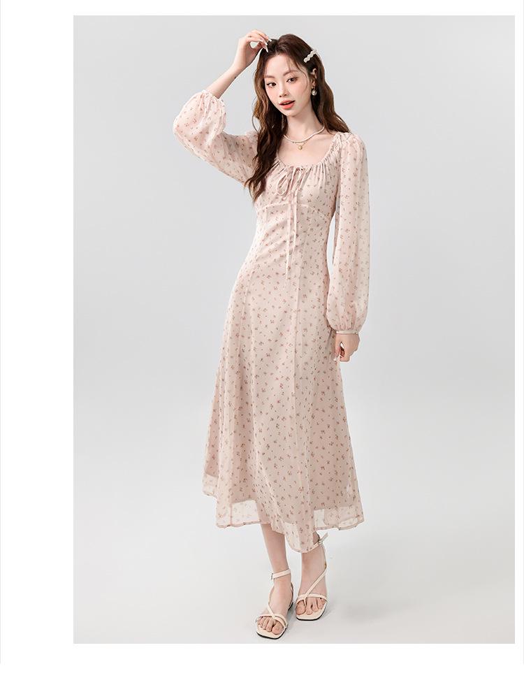 Spring/Summer French Pink Floral Chiffon Tie-Up Slimming Long Dress