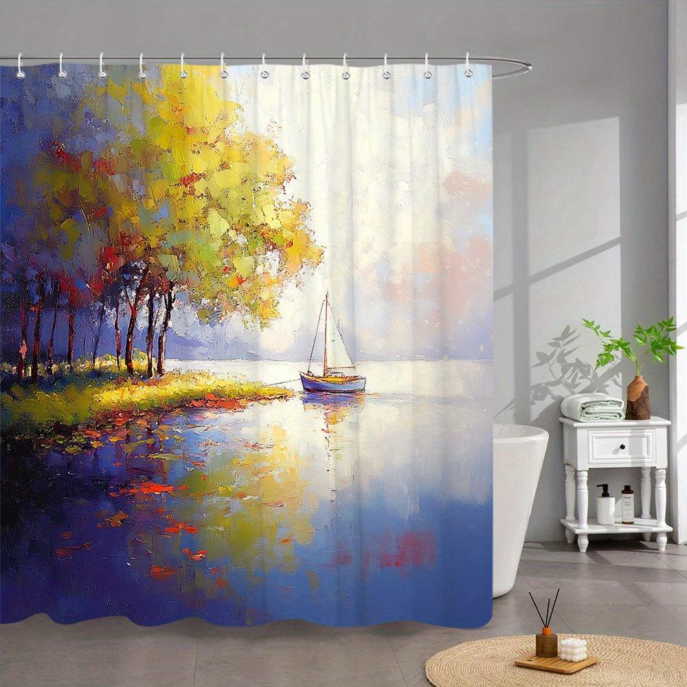 

1Pc Lakeside Sailboat Shower Curtain - Impressionist Autumn Tree Reflections, Calm Water & White Boat Scene, Soft Blue Sky Dawn W60H190(CM)-1 Pcs