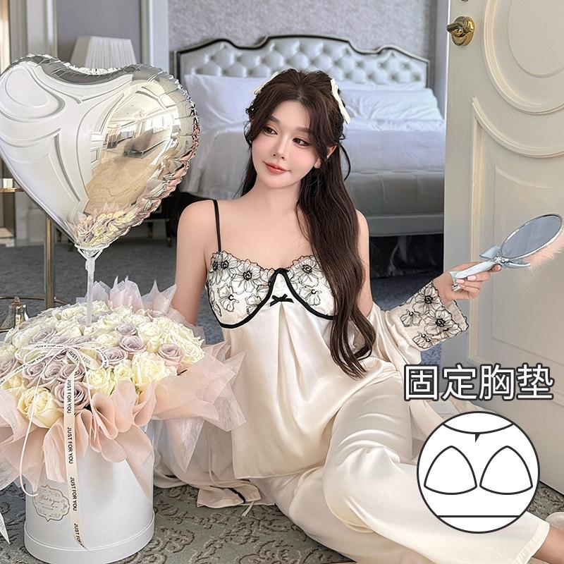 WENS Spring and Autumn Extra Soft Silk Breathable and Comfortable Women's Suspender Three-piece Set Thin Skin-friendly Pajamas Homewear Set