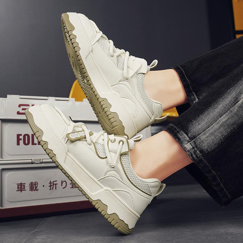 Men'S Shoes Leather Splicing Mesh Breathable Board Shoes Cross Strap Low Top Men'S Casual Sports Shoes