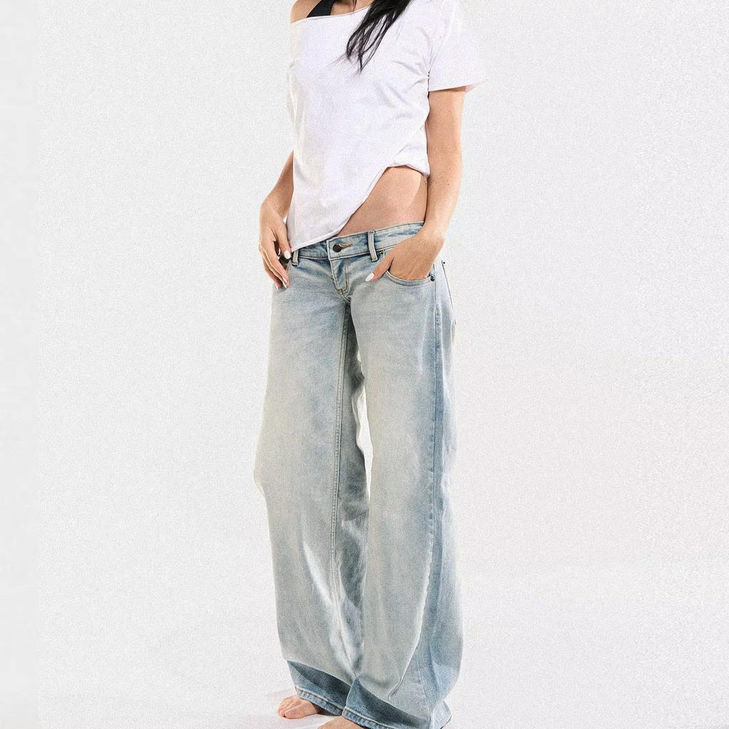 Embracek Ultra-Low-Rise Light-Wash Straight-Leg Jeans – Y2K Retro Style with Slight Stretch